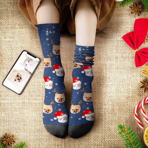 カスタムフェイスソックス-ペット写真入れ名入れ可能なサンタ帽子と鹿の角柄のオリジナルクリスマス靴下プレゼント