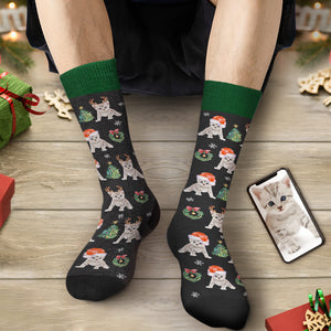 カスタムフェイスソックス-写真入れ名入れ可能なオリジナルクリスマス靴下プレゼント-サンタ帽子をかぶったかわいいネコ