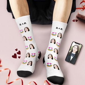 カスタムフェイスソックス-写真入れ名入れ可能なオリジナルバレンタイン靴下プレゼント-虹の笑顔柄