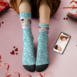 カスタムフォトソックス-写真入れ名入れ可能なオリジナルバレンタイン靴下プレゼント-可愛いハート形柄ロマンティックな思い出