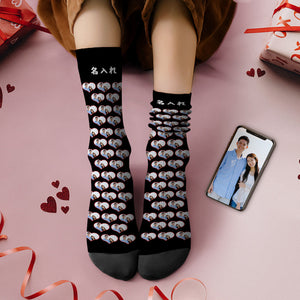 カスタムフォトソックス-思い出写真入れ名入れ可能なオリジナルバレンタイン靴下プレゼント-ハート形写真だらけ柄