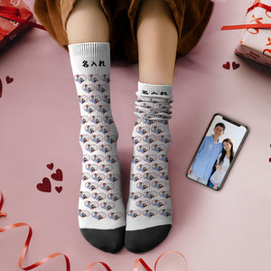 カスタムフォトソックス-思い出写真入れ名入れ可能なオリジナルバレンタイン靴下プレゼント-ハート形写真だらけ柄