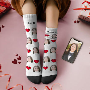 カスタムフォトソックス-思い出写真入れ名入れ可能なオリジナルバレンタイン靴下プレゼント-ハート形の稲妻柄