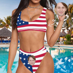 カスタムフェイス水着‐スポーツビキニ女性の写真入れ可能なハイウエスト水着-米国旗