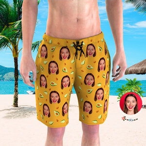 Men's Custom Face Beach Trunks Photo Shorts - Avocado