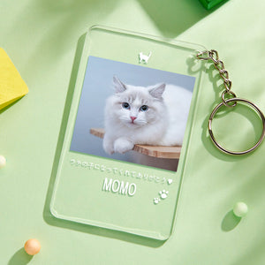 カスタムフォトアクリル製キーホルダ‐ネコの写真と名前とメッセージ入れ可能なメモリーを込めったキーホルダー-肉球柄