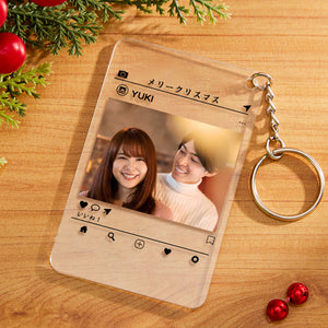 カスタムフォトアクリル製キーホルダ‐写真と名前とメッセージ入れ可能なメモリーを込めったキーホルダー-恋人や友達へのプレゼント