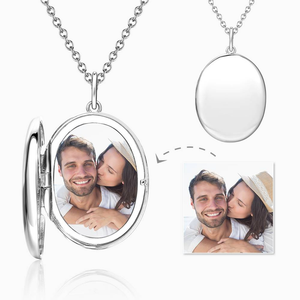 Oval Photo Locket Necklace With Engraving Platinum Plated