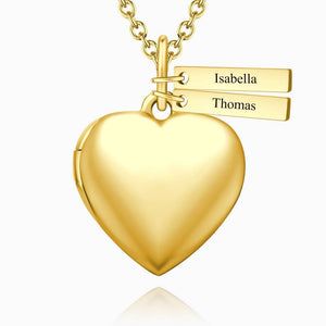 Personalized Heart Photo Locket Necklace With Engraving Name 14k Gold Plated