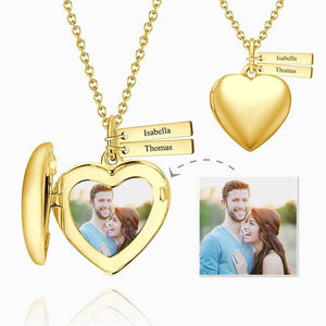 Personalized Heart Photo Locket Necklace With Engraving Name 14k Gold Plated