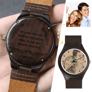 記念日プレゼント-写真入り名入れ文字可能な腕時計-木製の時計ブラウンレザーフォトウォッチ
