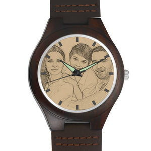 写真入り名入れ文字可能な腕時計-木製の時計ブラウンレザーフォトウォッチ