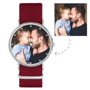 父の日プレゼント-写真刻印時計カスタム赤いストラップ付きのあなた自身の写真時計