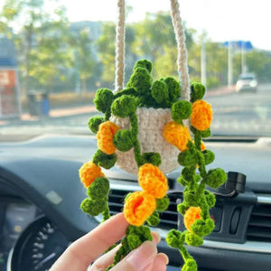 鉢植えがかわいい鉤織車鏡ストラップ手仕事好きの方へのプレゼント