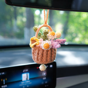 かわいい編み花のバスケットのフック編み植物の車の鏡のストラップ